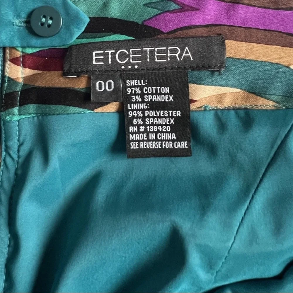 Etcetera NWT Zulu Geometric Teal Sateen Pencil Skirt Low Rise Pockets Sz 00(XXS)